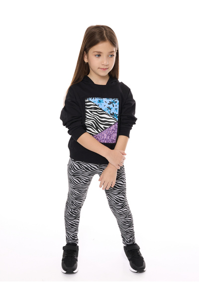 Victor and Jane By Styli Girls Black Animal Print Hoodie and Leggings Set