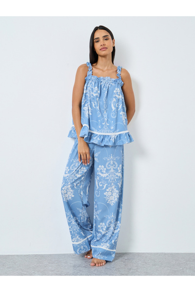 Styli Damask Ruffled Hem Tank and Pyjama Set