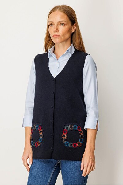 Desen Triko Women's V-Neck Pocket Crocheted Wool Vest Dark Blue