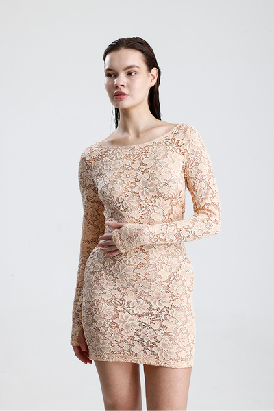 Sense Dantel Mini Elbise - Uzun Kollu, Şık Gece ve Parti Elbisesi | ELB36380 Somon