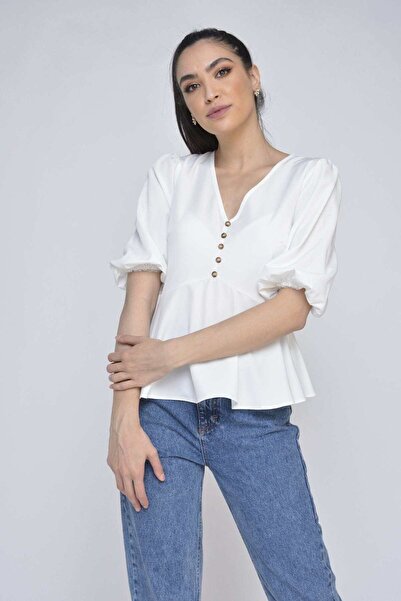 Nichii V-Neck Chiffon Half-Sleeve Top