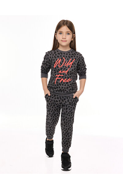 Victor and Jane By Styli Girls Charcoal Animal Print Sweatshirt and Joggers Set