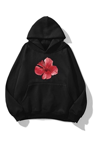 Know Unisex Hibiscus Baskılı Kapüşonlu Sweatshirt Hoodie Siyah