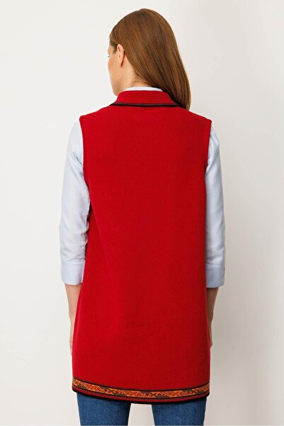 Desen Triko Kadın Polo Yaka Etek Ucu Kilim Desenli Uzun Yün Yelek K.Kırmızı