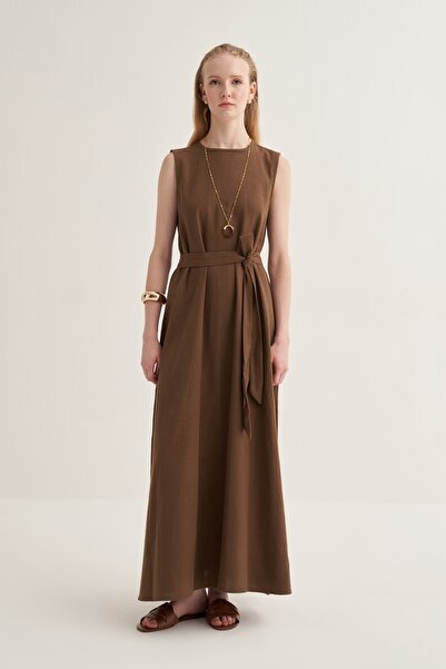 EBU Prive Γυναικείο φόρεμα από οργανικό βαμβάκι χωρίς μανίκια με ζώνη καφέ