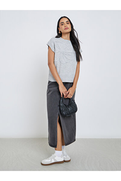 Styli Grey Knit Vest Top with Floral Detail