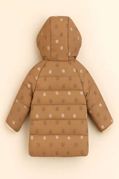 DeKuBaby Sevimli Bear Baskılı İçi Peluş Kürklü Fermuarlı Cepli Kapüşonlu Bebek-Çocuk Kışlık Mont-Kaban