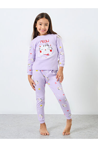 Styli Girls Lilac Cat Graphic Top and Pyjama Set