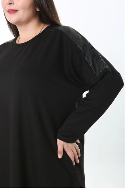 Butik Nilyam Women's Plus Size Crew Neck Long Sleeve Leather Detailed Stretchy Blouse 25007
