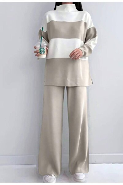 moda paketi Oversize Sweater Pants Striped Two-Piece Knitwear Set