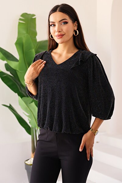 Kübra Tekstil Γυναικεία μαύρη μπλούζα με βολάν ώμου με λεπτομέρεια από πολύχρωμη πέτρα/γυαλιστερή/αστραφτερή μακρυμάνικη μπλούζα – Γυναικεία μπλούζα