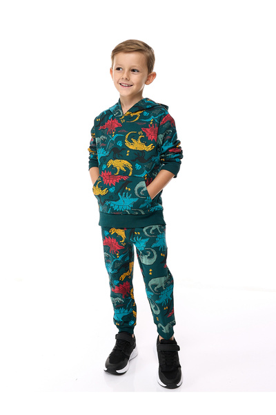 Victor and Jane By Styli Boys Green Dinosaur Hoodie and Joggers Set