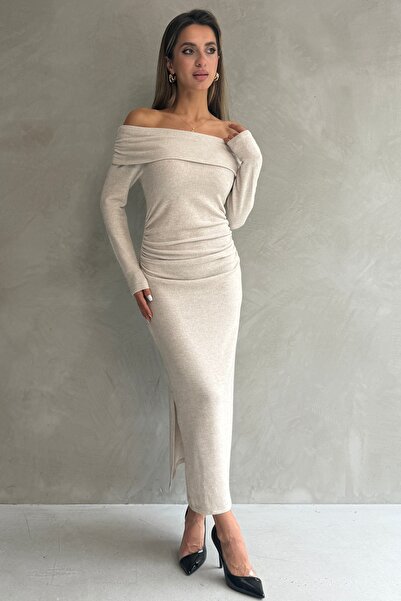 Ulino Madonna Collar Draped Knitted Soft Dress