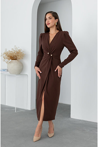 Afiş Butik Brown Double-Breasted Collar Padded Slit Dress