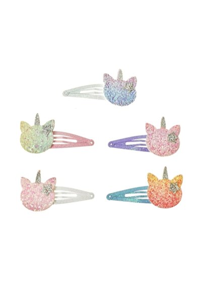 SHOPIENS Set 5 agrafe metalice pentru copii cu model pisică-unicorn cu sclipici din fetru, 5 cm