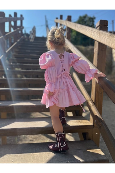 Balerinikizler Baby&Kids Girl's Dress with Gathered Balloon Sleeves and Back Detail