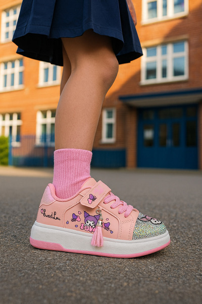 JOJO KIDS Girl's Kuromi Leather Sneakers, Velcro Sneakers, Thick Sole