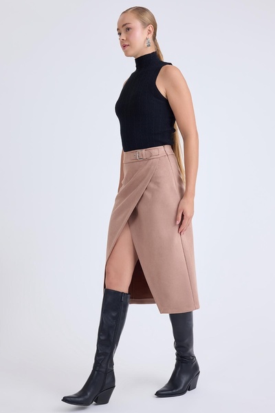 Vitrin Midi Suede Skirt with Buckle on the Front