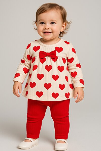 dinamik çocuk Baby Girl/Child Large Heart Printed Shoulder Snap Fastener with Bow - 2-Piece Baby Set Seasonal 3-6-9-12 Months