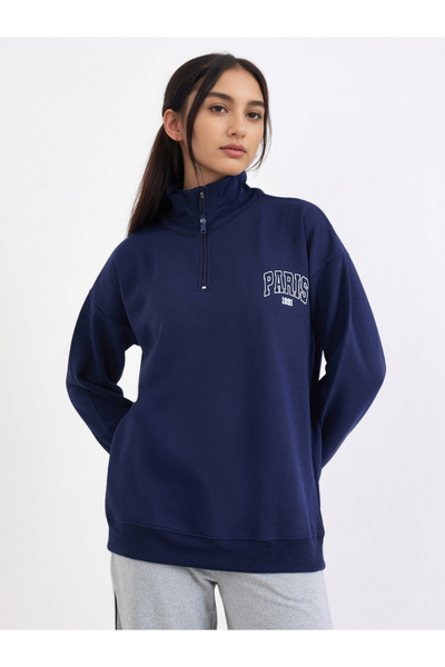 Styli Navy Blue Paris Print Longline Sweatshirt