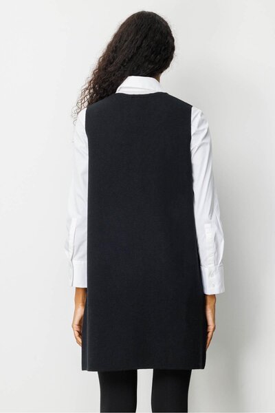 Desen Triko Women's Crew Neck Pocket Crocheted Long Wool Vest Black