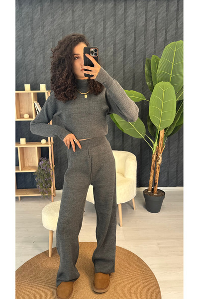 PUANT ATELIER Finger-Looped Ribbed Half-Fisherman Knit Crop Sweater Pants Knitwear Bottom-Top Set