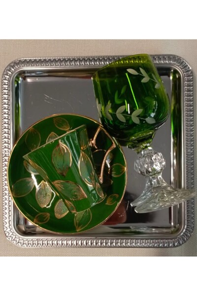 BY.RAYKA PORSELEN El Dekor Almond Porcelain El Boyama Single Person Coffee Cup and Glass Water Cup