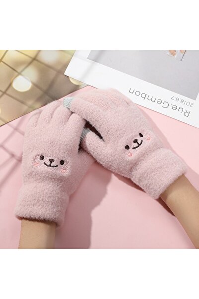 Flippy Women's Gloves - Smiling Face, Touchscreen, Embroidered Wool, Pink