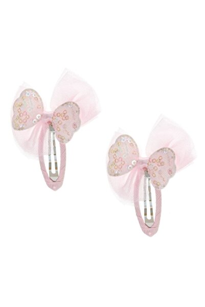 SHOPIENS Set 2 agrafe metalice pentru fete, material textil roz, fundă brodată și tul roz, 5 cm