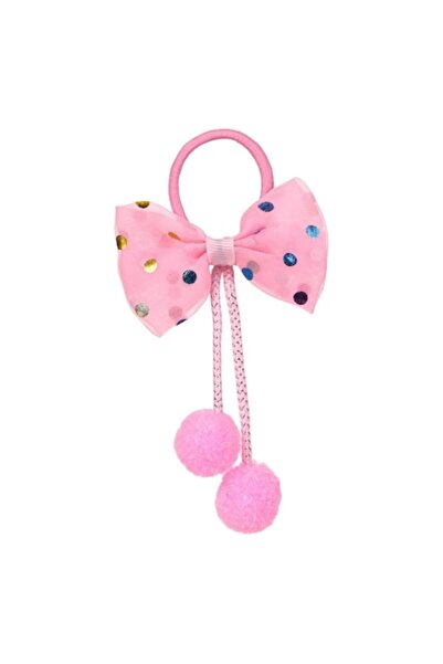 SHOPIENS Set de 2 elastice de păr Shopiens® pentru fete, fundă roz cu buline colorate și 2 pompoane roz