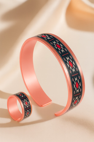 OSMANLI GÜMÜŞ Women's Copper Bracelet Ring Set - Zeta Model Special Edition Metal Box and Quartz Stone