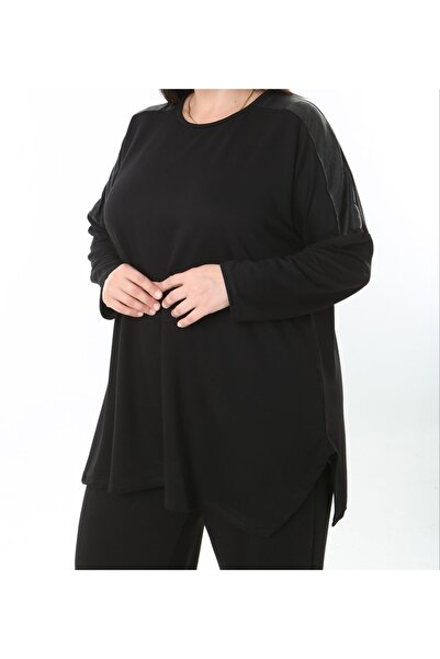 Butik Nilyam Γυναικεία μπλούζα με μακρύ μανίκι με λαιμόκοψη με δερμάτινη λεπτομέρεια 25007