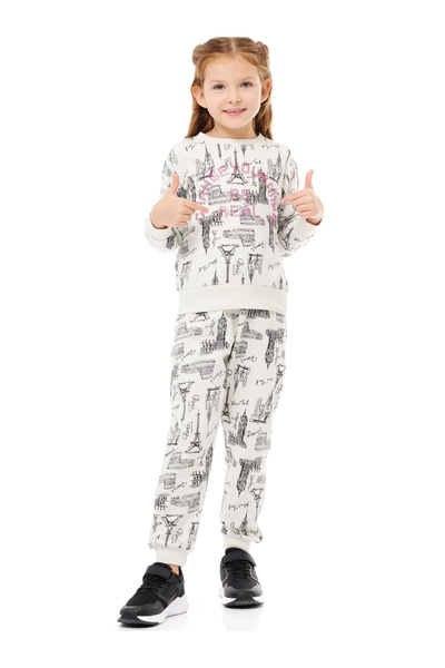 Victor and Jane By Styli Girls White All Over Print Sweatshirt and Joggers Set