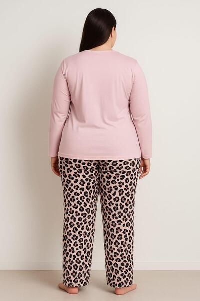 Pemilo Women's 20751 Large Size Long Sleeve 100% Cotton Milan Pajama Set Pudra