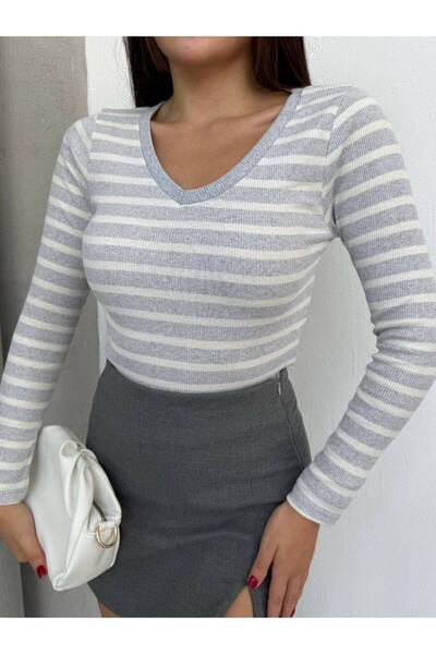 moda paketi Regular Fit V Neck Striped Casual Long Sleeve Camisole Blouse