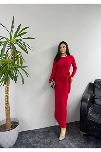 SHEZAN MODA Women's Comfortable Fit Side Tie Detail Red Dress Bb-10004729