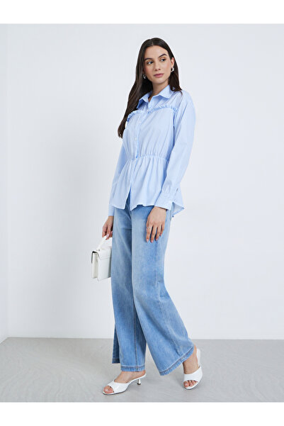 Take Two By Styli Blue Striped Shirt with Ruched Waist