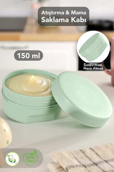 1 Adet Kapaklı Atıştırma Kabı - Yuvarlak Çocuk Atıştırmalık Bebek Beslenme Mama Kabı 150ml Yeşil