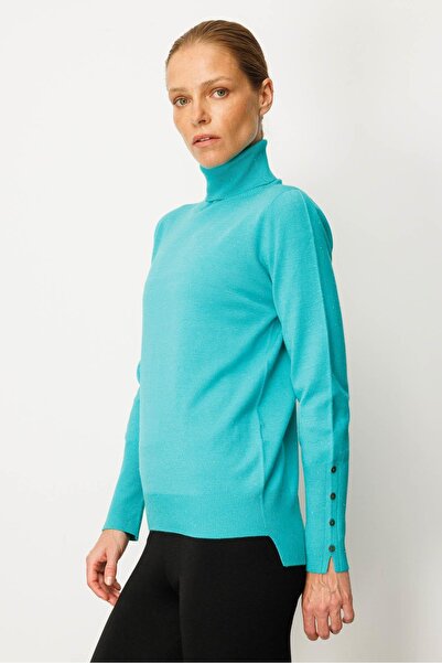 Desen Triko Γυναικείο πουλόβερ με ψηλό λαιμό και σκίσιμο στο τελείωμα του μανίκι, σκούρο πράσινο