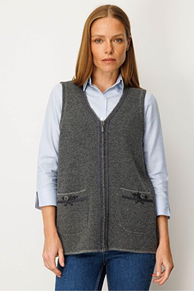 Desen Triko Women's V-Neck Pocket Embroidered Wool Vest Smoked