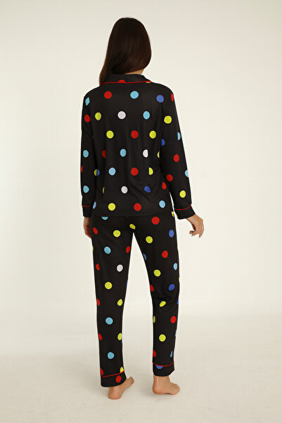 Miss Dünya Lissa Women's Shirt Collar Front Buttoned Black Color Polka Dot Buttoned Long Sleeve Pajama Set