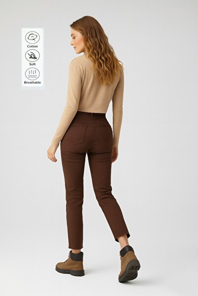 SHEVEGA KADIN KAHVE YÜKSEK BEL KETEN PAÇA KESİK DAR PAÇA PANTOLON