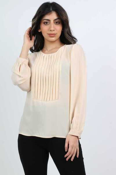 mica Pleated Chest-Detail Long-Sleeve Top