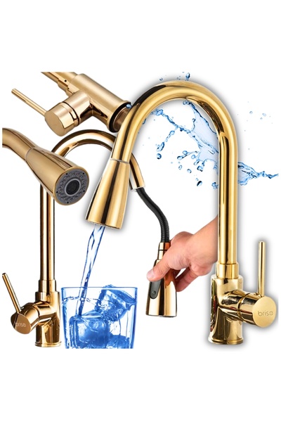 2H Freestanding, mobile kitchen faucet with gold pull-out spout and flexible hose