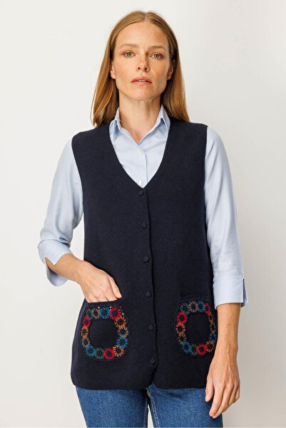 Desen Triko Women's V-Neck Pocket Crocheted Wool Vest Dark Blue