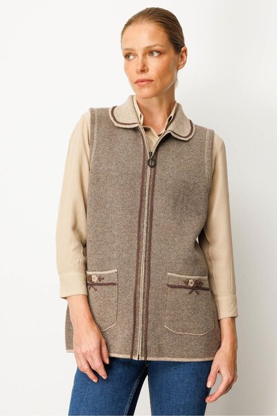 Desen Triko Women's Polo Collar Embroidered Wool Vest K.Beige