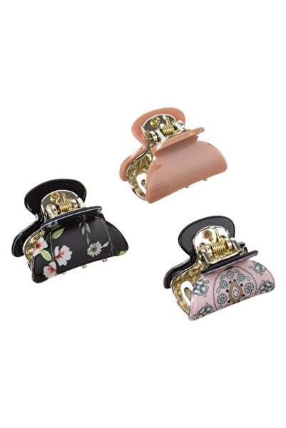 SHOPIENS Set 3 agrafe de păr pentru femei Shopiens®, acrilice bej, negre cu model floral și bej cu model paisley