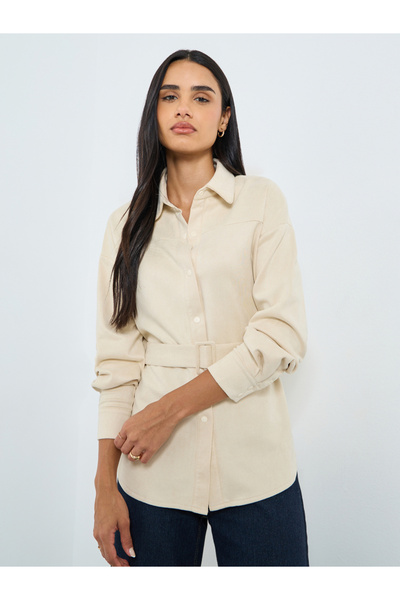 Styli Cream Long Sleeve Relaxed Fit Shirt with Belt