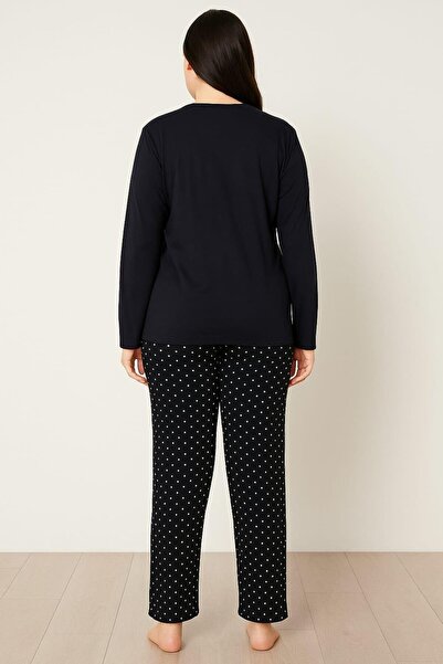 Pemilo Women's 20743 Large Size Long Sleeve 100% Cotton Milan Pajama Set Dark Blue