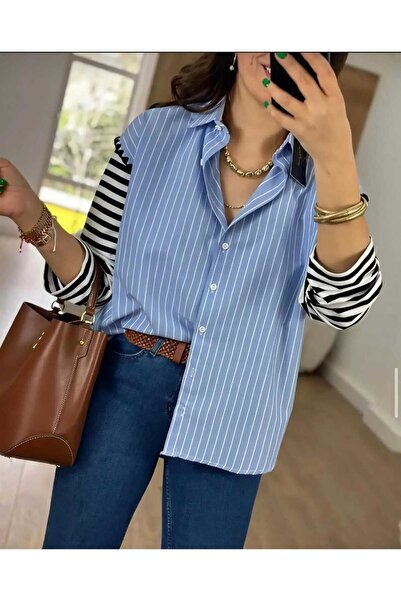Genel Markalar Kolları Penye Detaylı Çizgili Mavi Poplin Kadın Gömlek